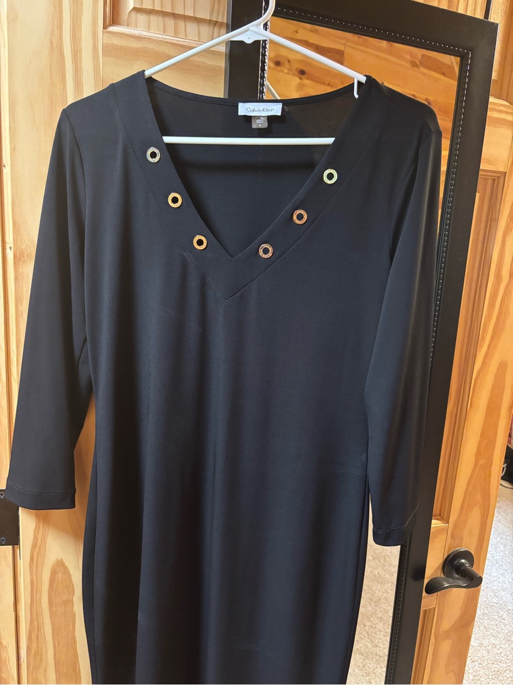 Calvin Klein Black V-Neck Dress with Grommet Accents